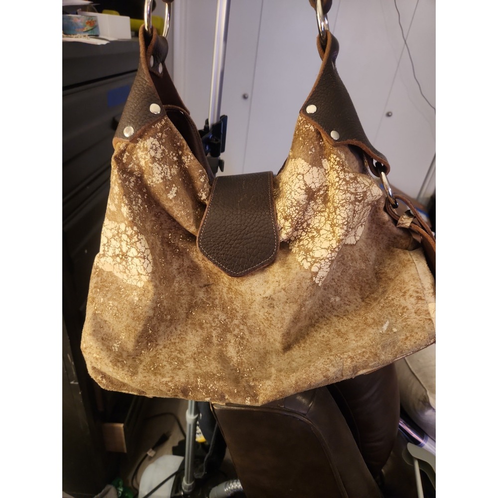 Vtg Tylie Malibu Distressed Crackle Metallic Suede Hobo Bag with Leather Accents